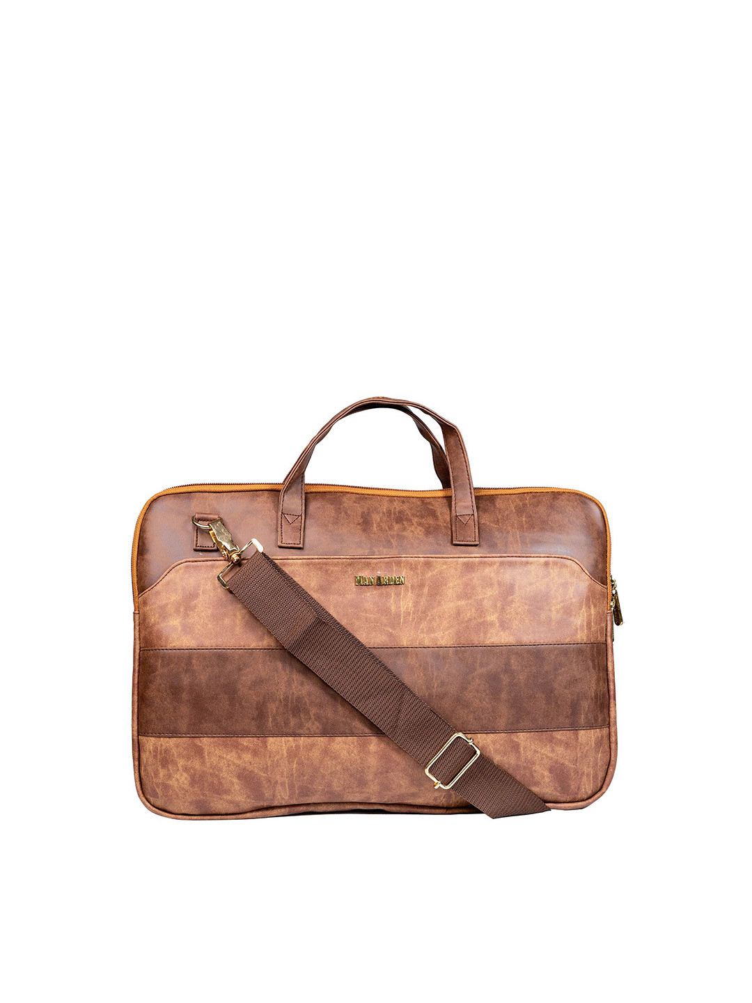 Man Arden Men Tan Printed Leather Laptop Bag