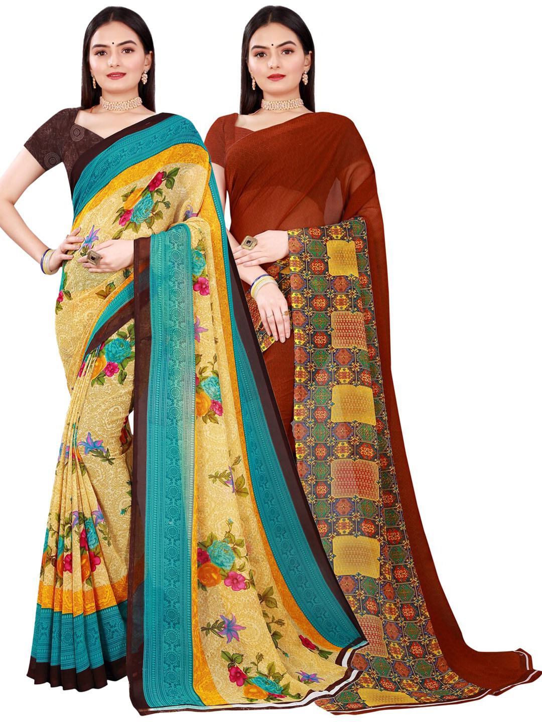 Florence Pack Of 2  Beige & Maroon Printed Pure Georgette Saree with Unstitched Blouse