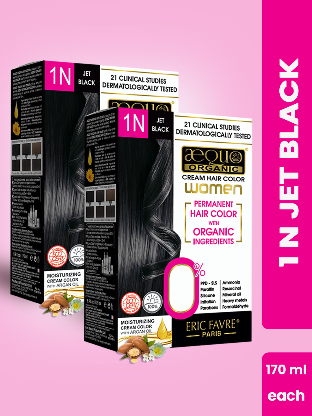 Aequo Organic Set of 2 Permanent Cream Hair Color 175ml each - Jet Black 1N