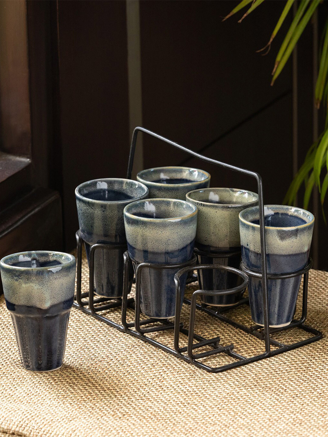 ExclusiveLane Turquoise Blue Textured Stoneware Handmade 6 Piece Kulhad with Holder-100ml