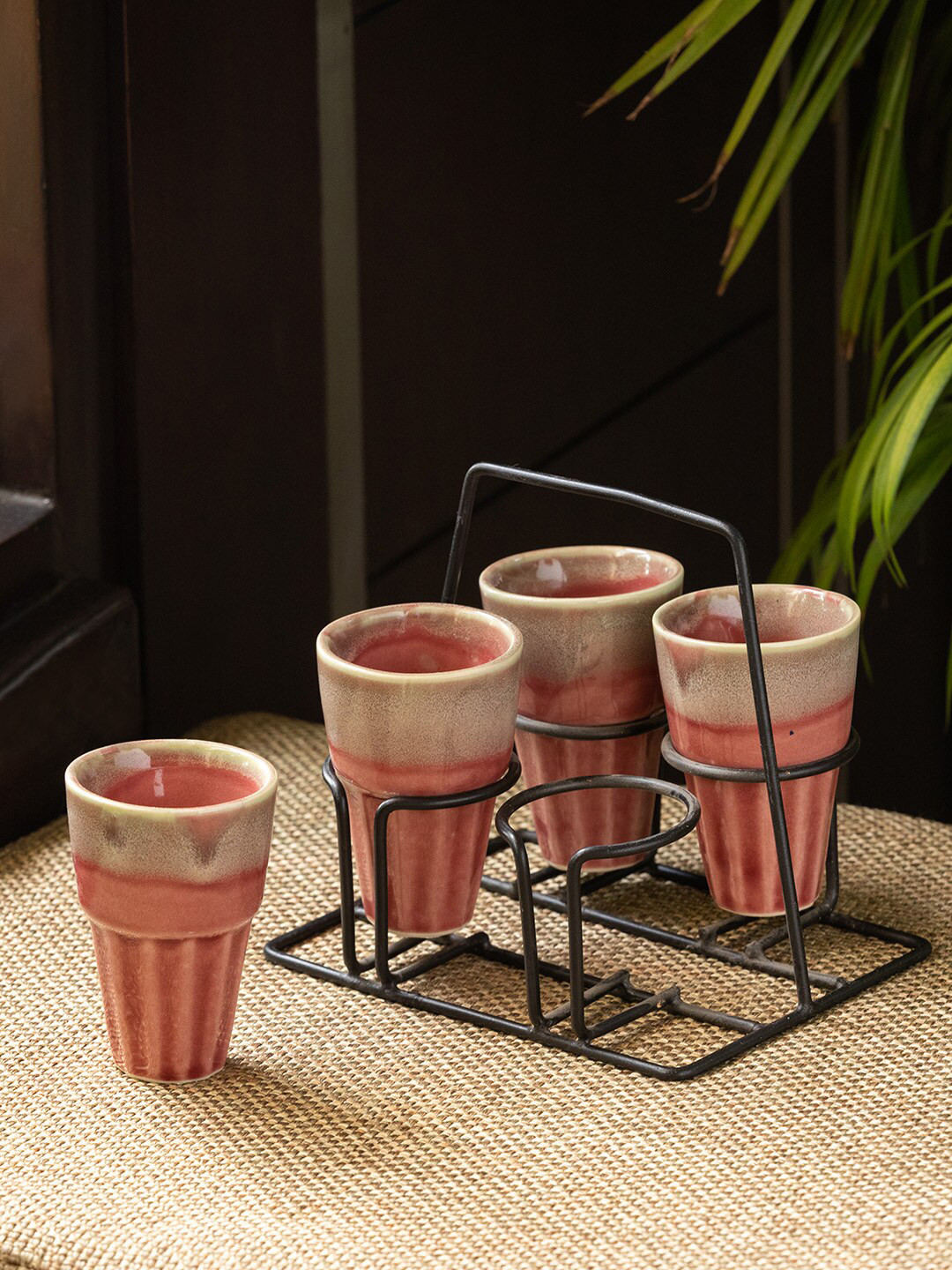 ExclusiveLane Peach Striped Stoneware Handmade 4 Piece Kulhad with Stand-100ml