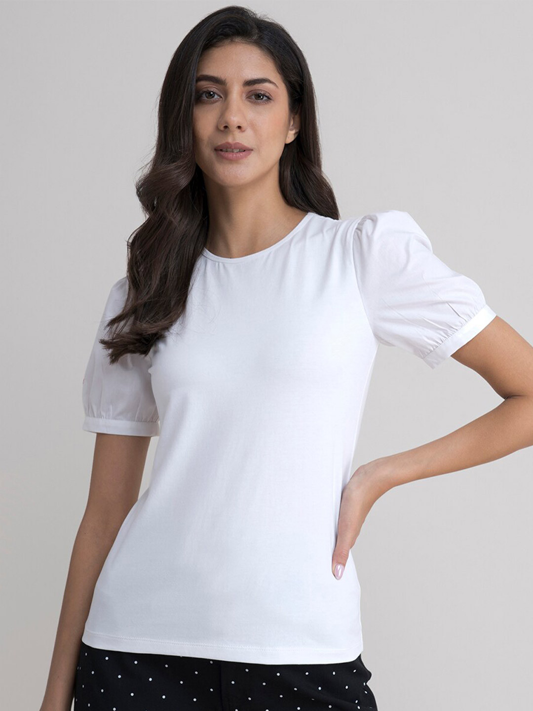 FableStreet Women White Puff Sleeves T-shirt
