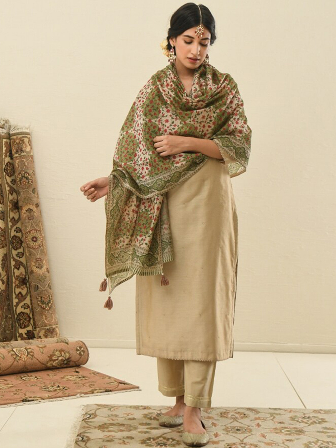 KARAJ JAIPUR Women Beige Ethnic Motifs Chanderi Cotton Kurta with Pant & With Dupatta