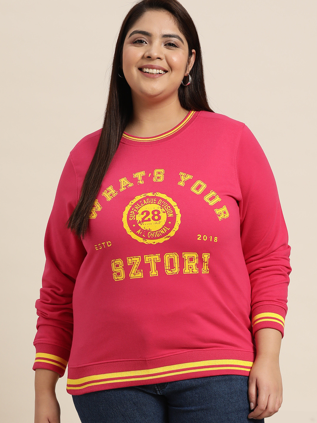 Sztori Women Plus Size Pink Printed Sweatshirt