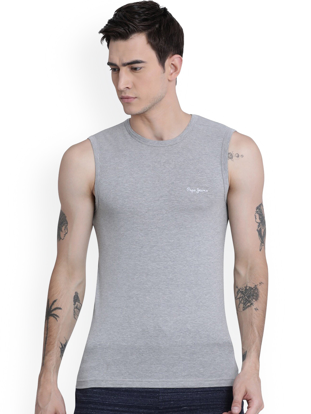 Pepe Jeans Men Grey Solid Pure Cotton Innerwear Vests