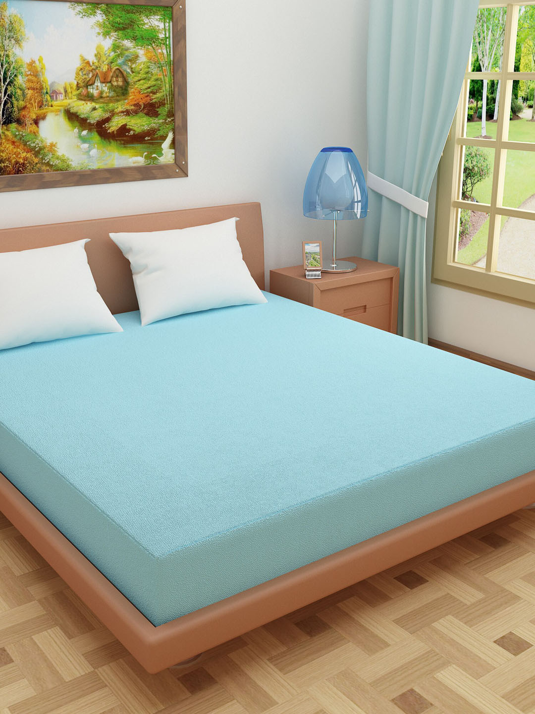 DREAM CARE Sky-Blue Solid King Size Mattress Protector