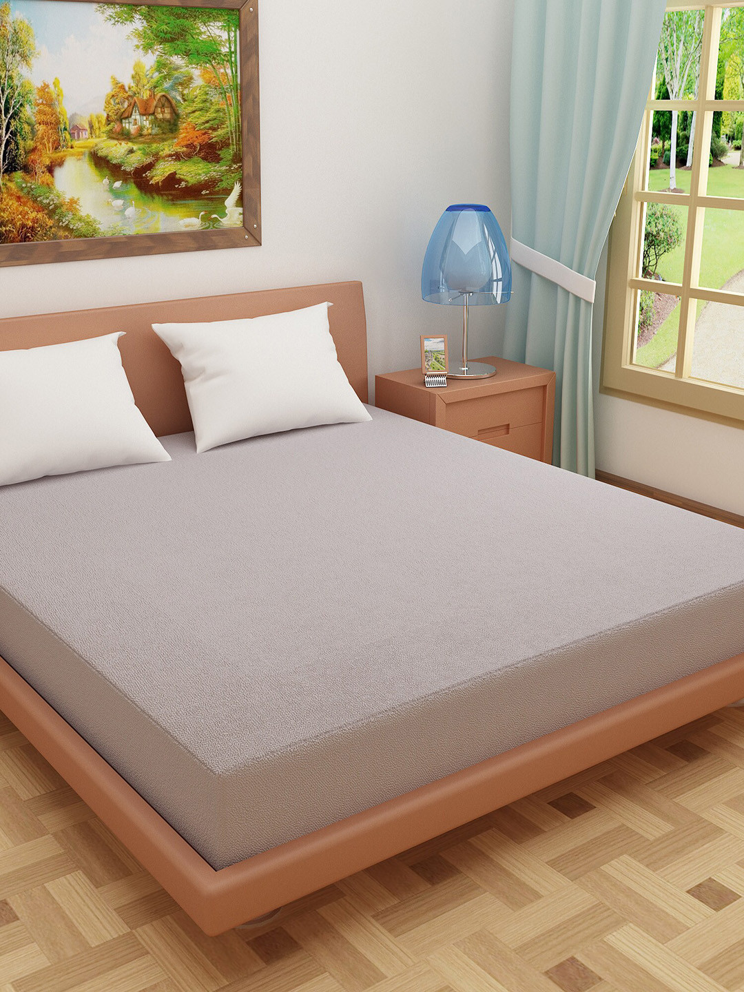 DREAM CARE Grey Solid Fitted King Size Mattress Protector