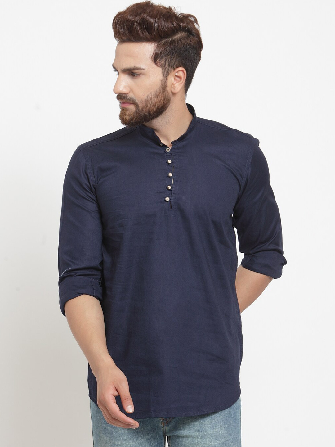 A-Okay Men Navy Blue Solid Dobby Kurta