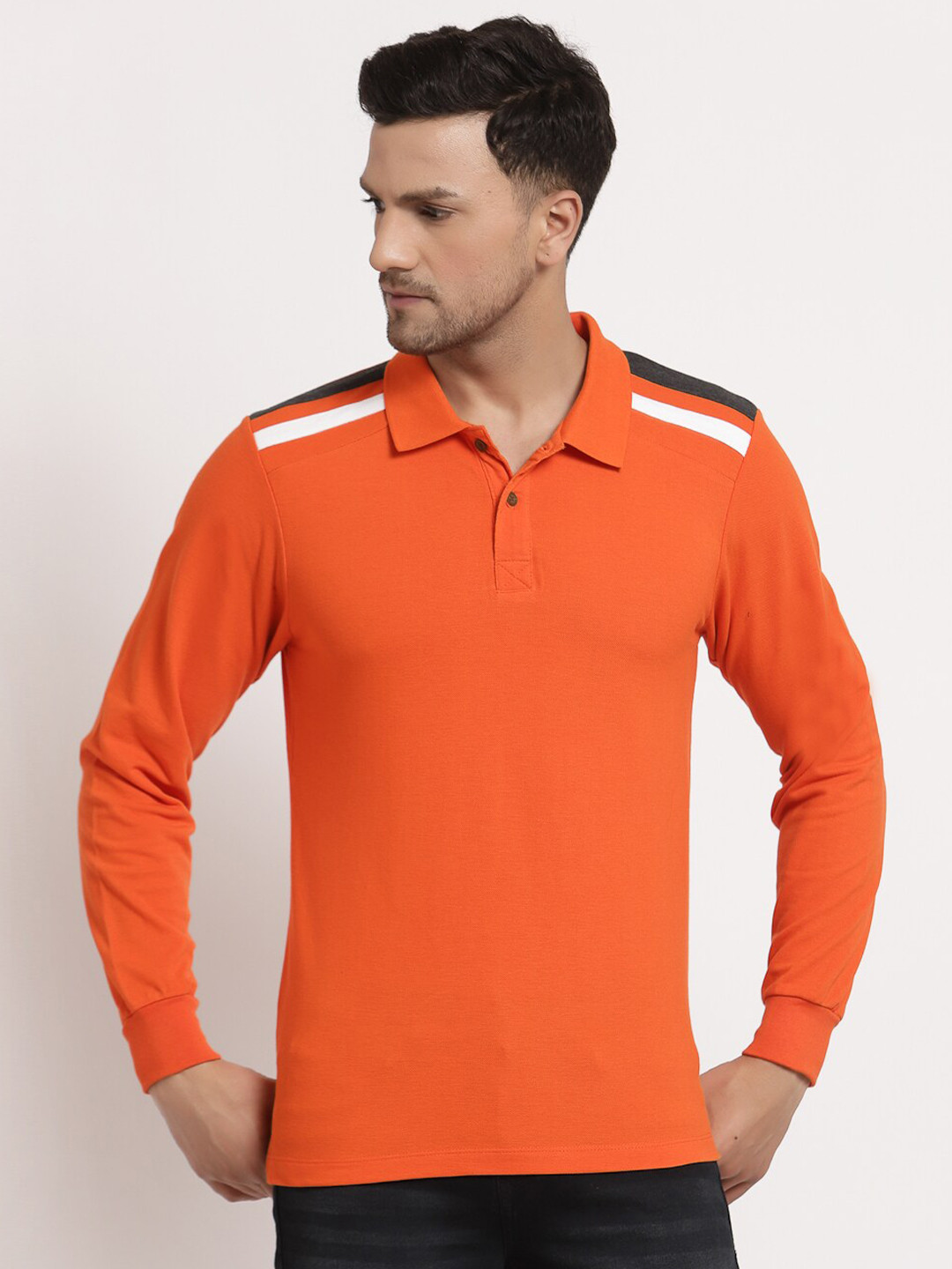 Kalt Men Orange Printed Full Sleeves Polo Collar T-shirt
