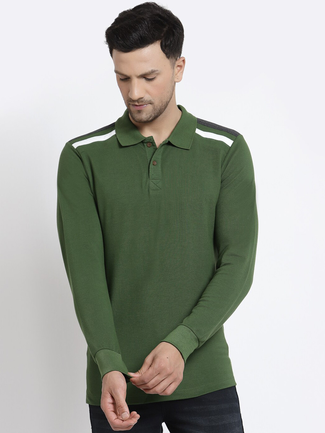 Kalt Men Green Printed Full Sleeves Polo Collar T-shirt