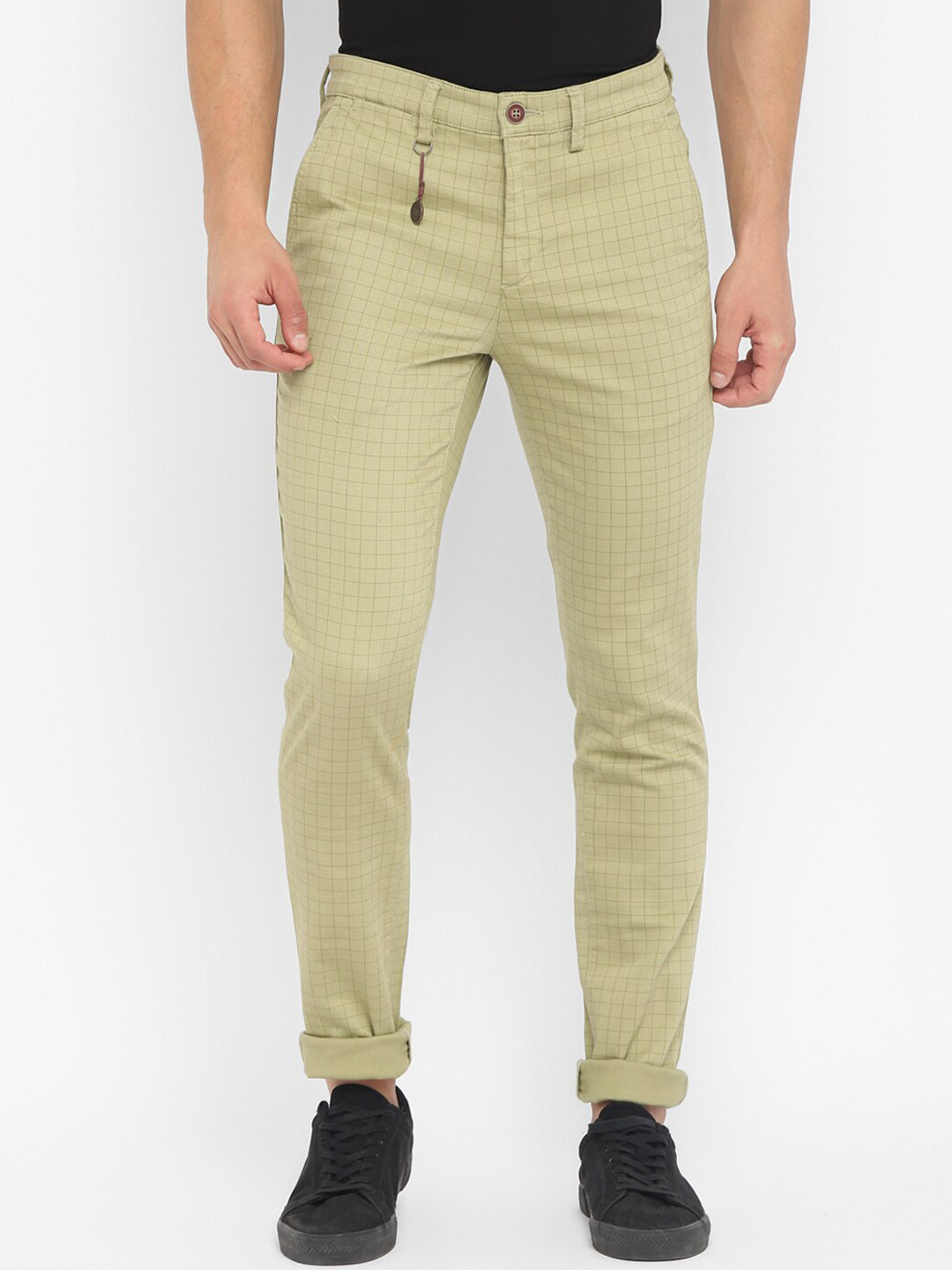 Turtle Men Beige Checked Narrow Fit Easy Wash Trousers