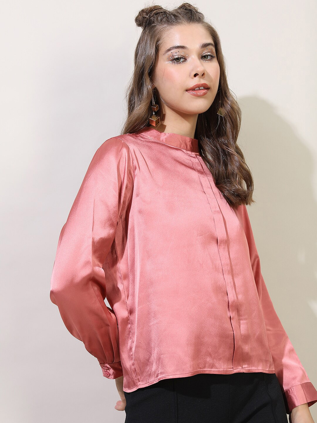 Tokyo Talkies Pink Solid High Neck Satin Top