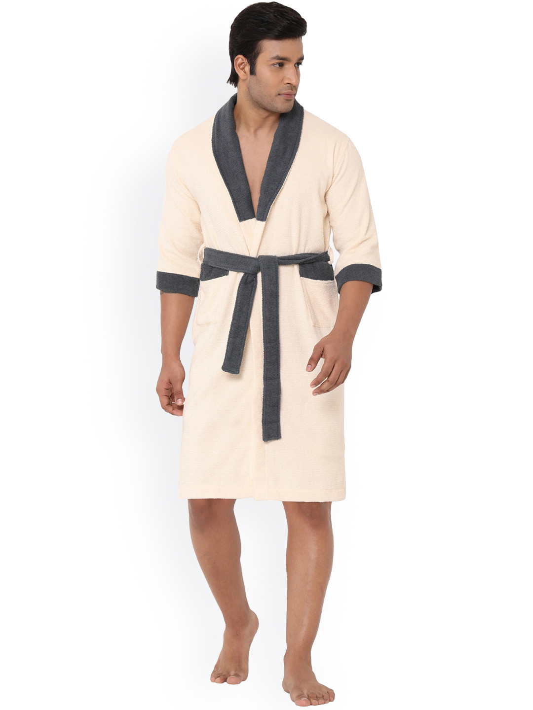SPACES High Absorbency, Quick To Dry Cream Cotton Drawstring Knee Length Bath Robe-L