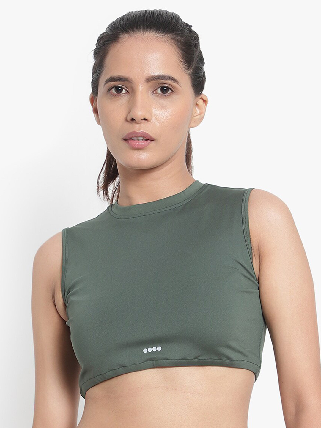 Wearjukebox Olive Green Solid Sleeveless Crop Top