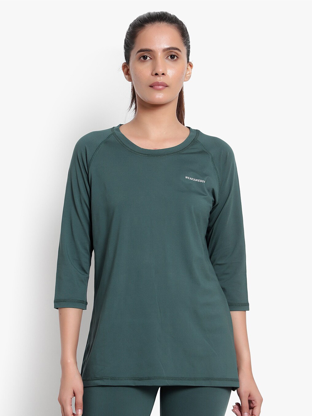 Wearjukebox Olive Green Solid Three Quarter Sleeves Regular Top
