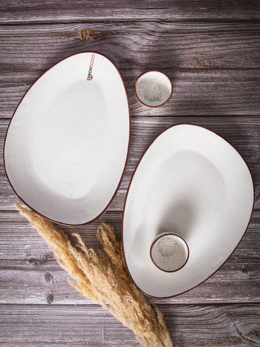 GOODHOMES Set of 2 White Solid Ceramic Snack Platter & Chutney Bowl