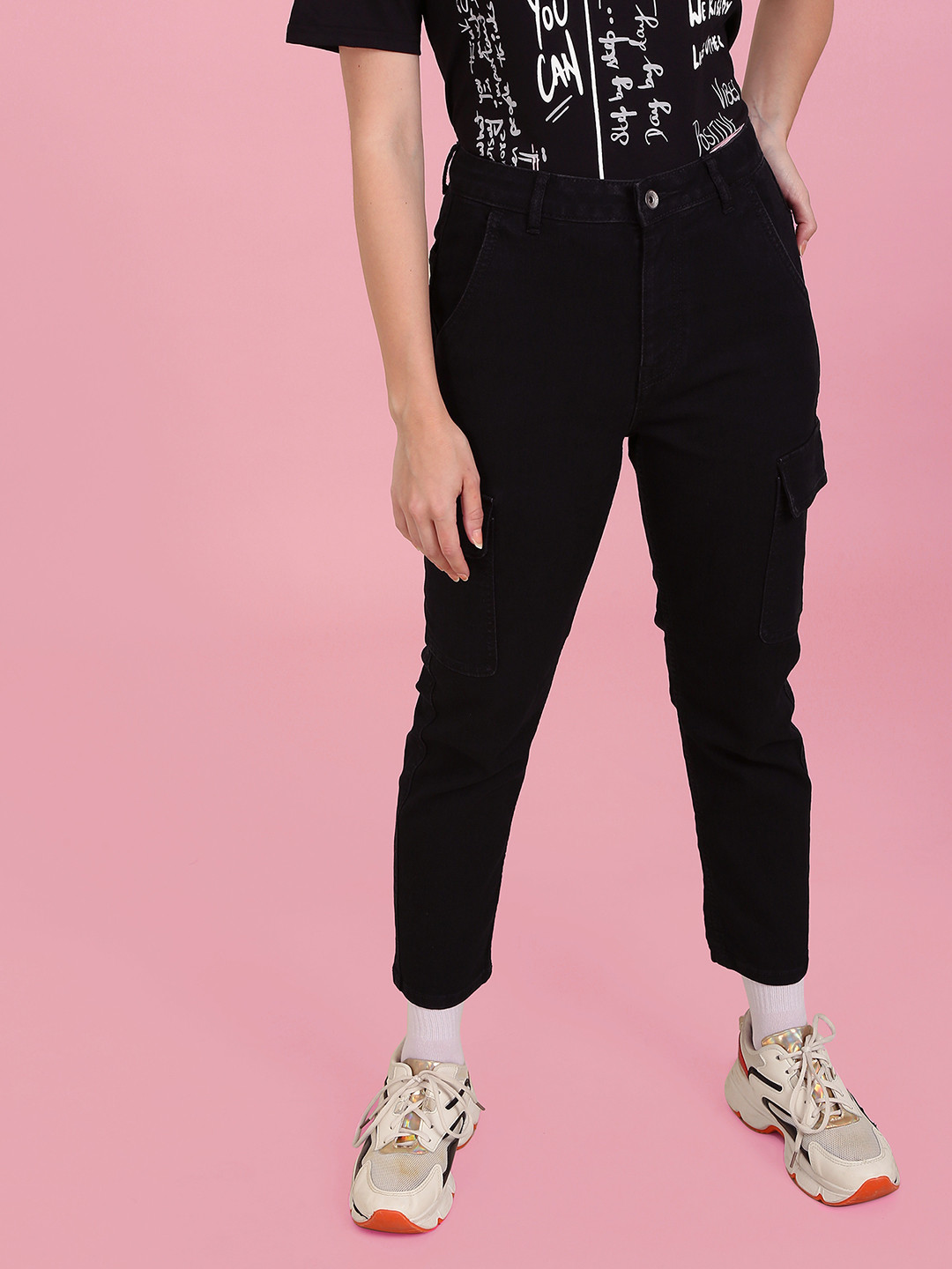 Flying Machine Women Black Cargo Tapered Slim Fit Stretchable Jeans