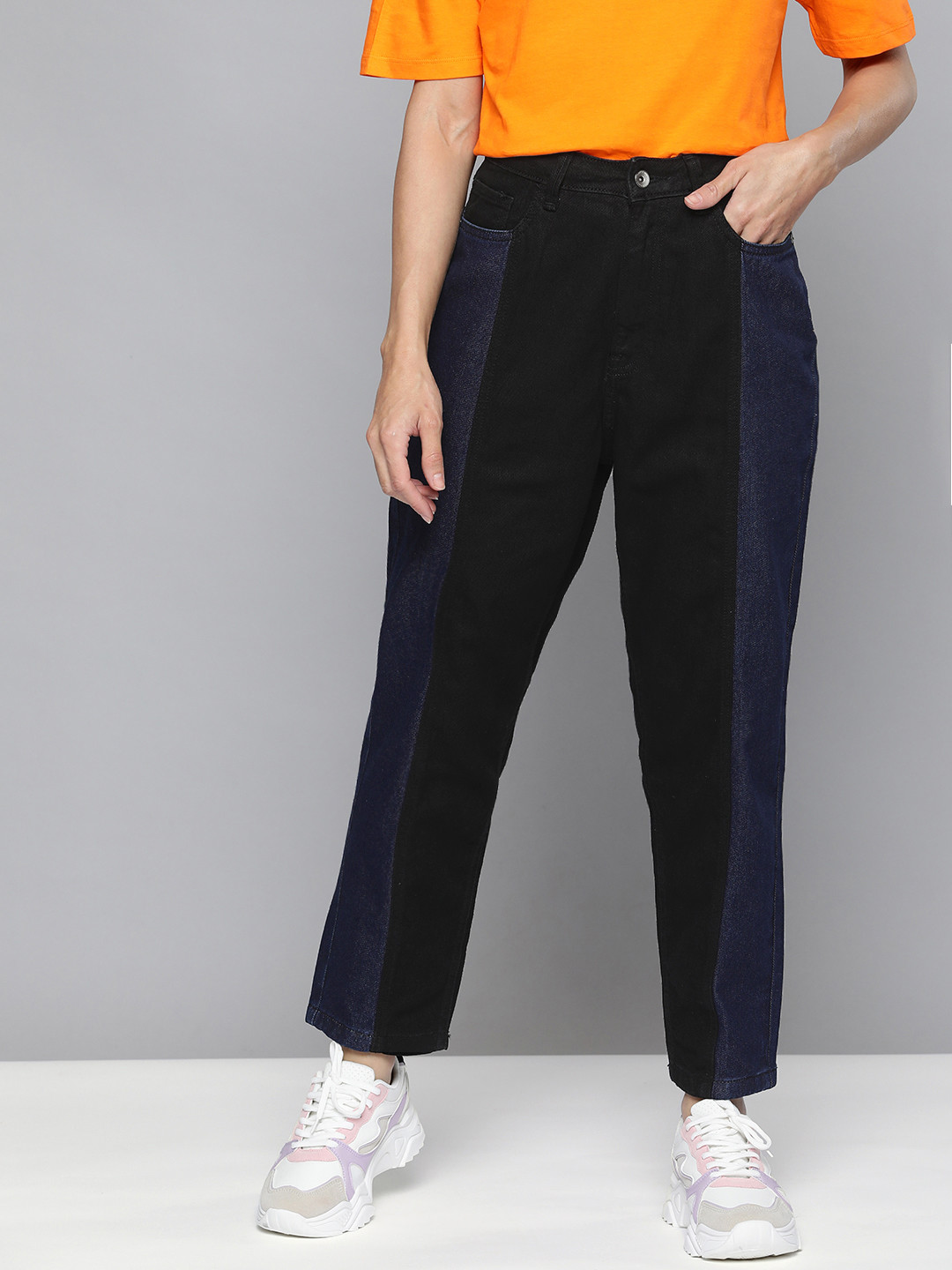 Flying Machine Women Blue High-Rise Panelled Colourblocked Relaxed Fit Jeans