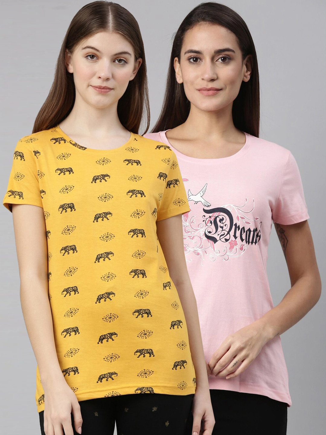 Kryptic Women Pack Of 2 Pink and Yellow Printed Pure Cotton Lounge T-Shirts
