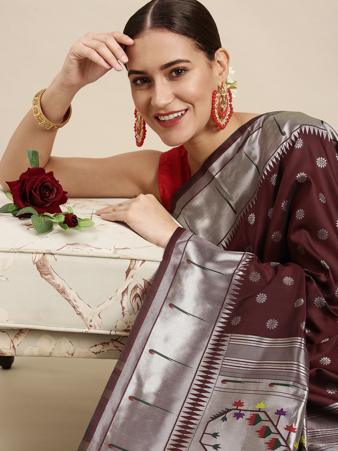 Royal Rajgharana Saree Maroon & Silver Ethnic Zari Silk Blend Celebrity Paithani Sarees
