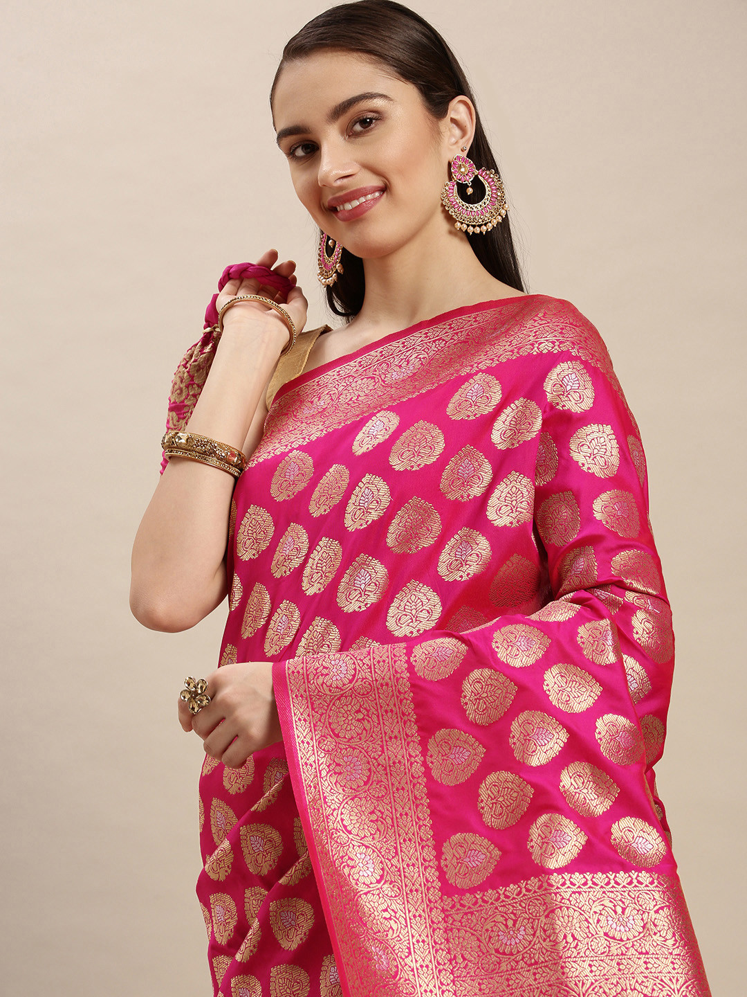 Royal Rajgharana Saree Pink & Gold-Toned Ethnic Motifs Zari Celebrity Banarasi Sarees
