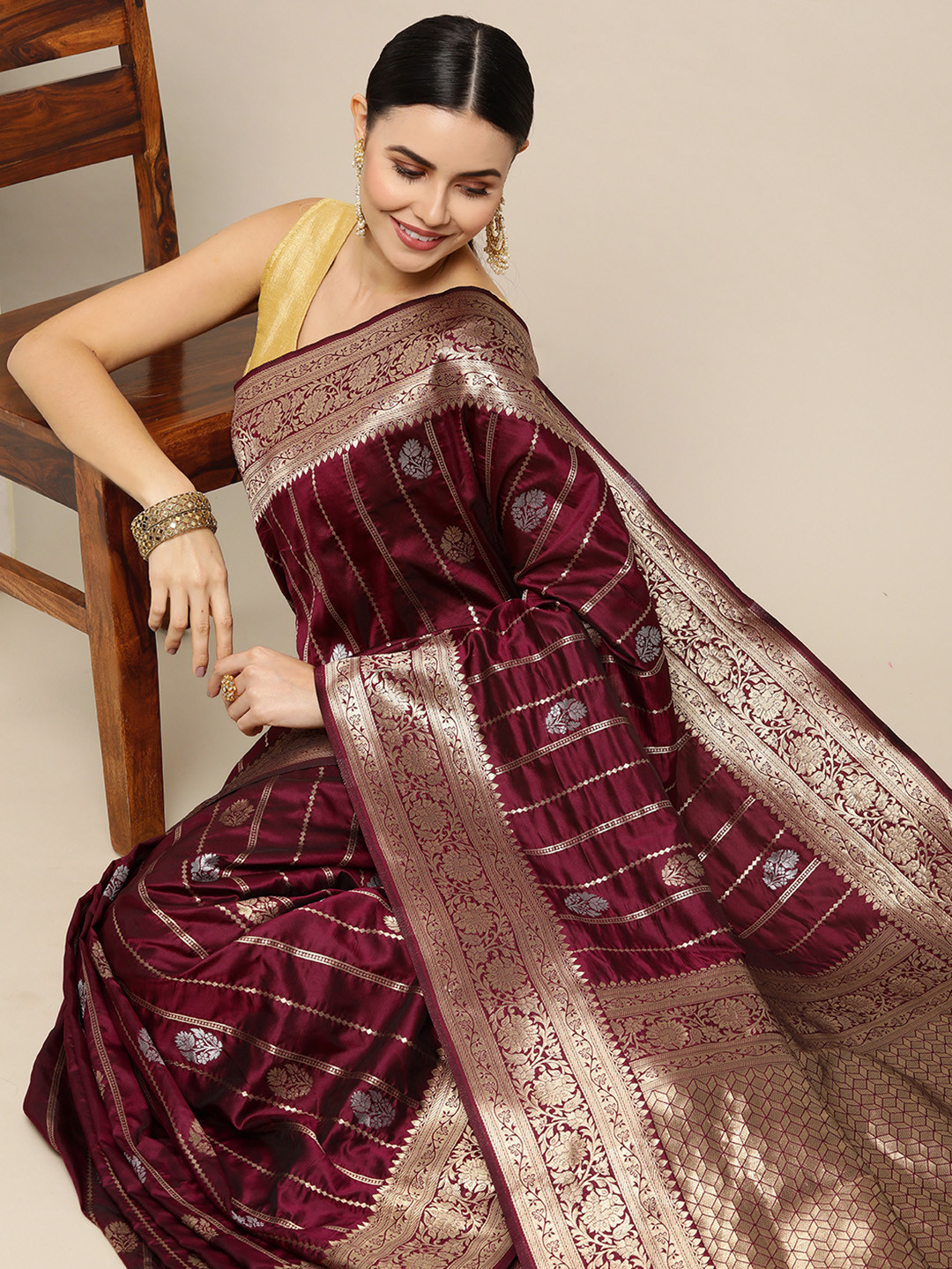 Royal Rajgharana Saree Maroon & Gold Ethnic Motifs Zari Celebrity Banarasi Sarees