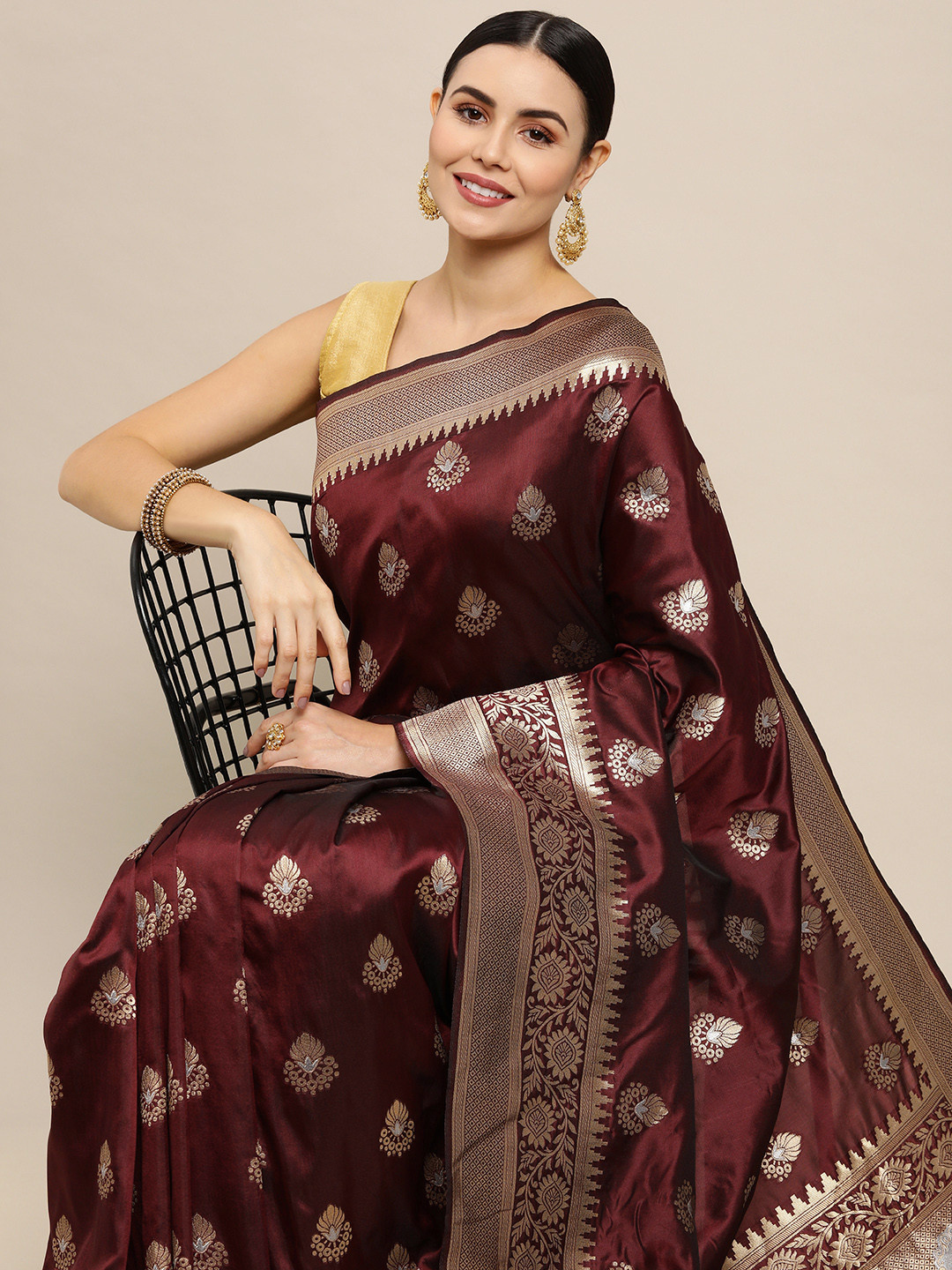 Royal Rajgharana Saree Maroon & Gold Ethnic Zari Silk Blend Celebrity Banarasi Sarees