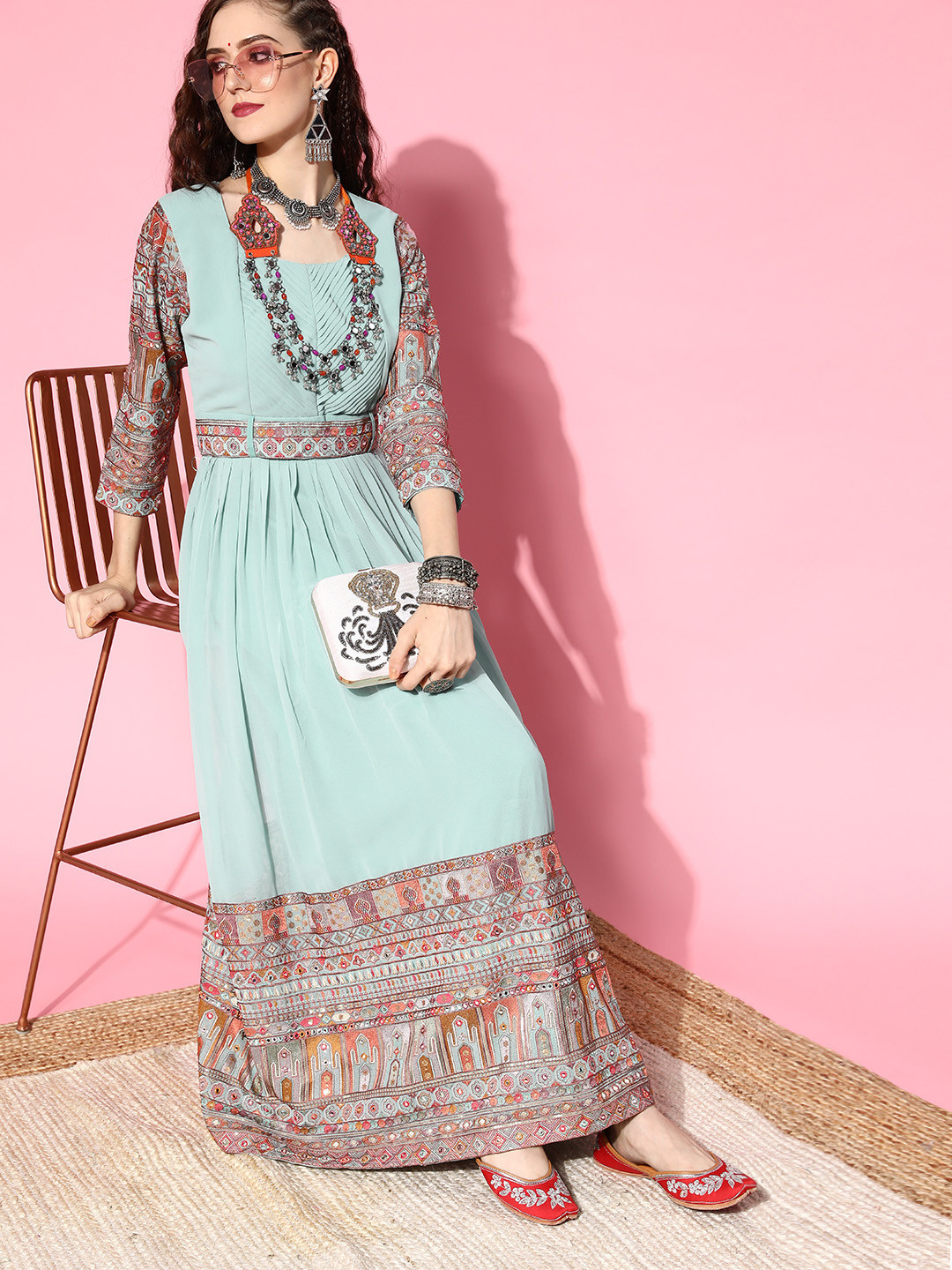 Kvsfab Women Turquoise Blue Ethnic Motifs Gown for Days