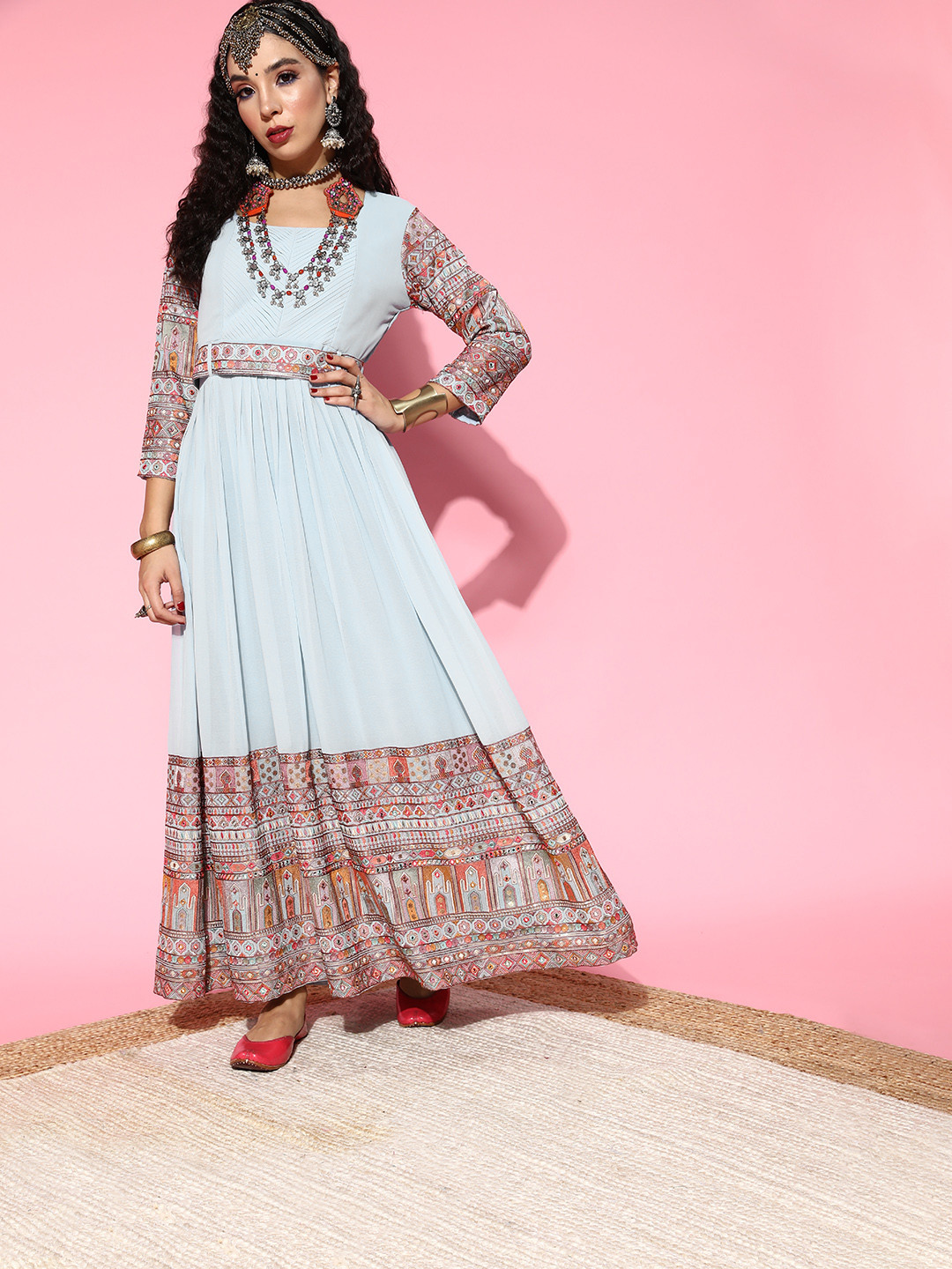 Kvsfab Women Blue Ethnic Motifs Gown for Days