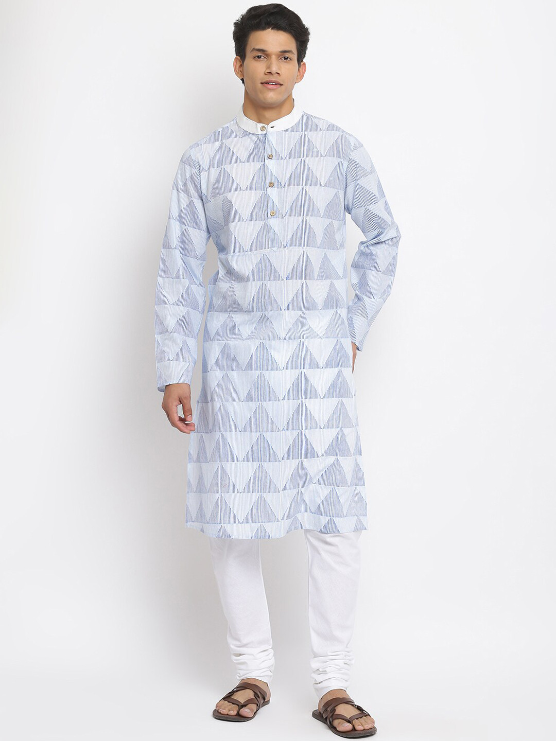 Fabindia Men Blue & White Geometric Printed Kurta