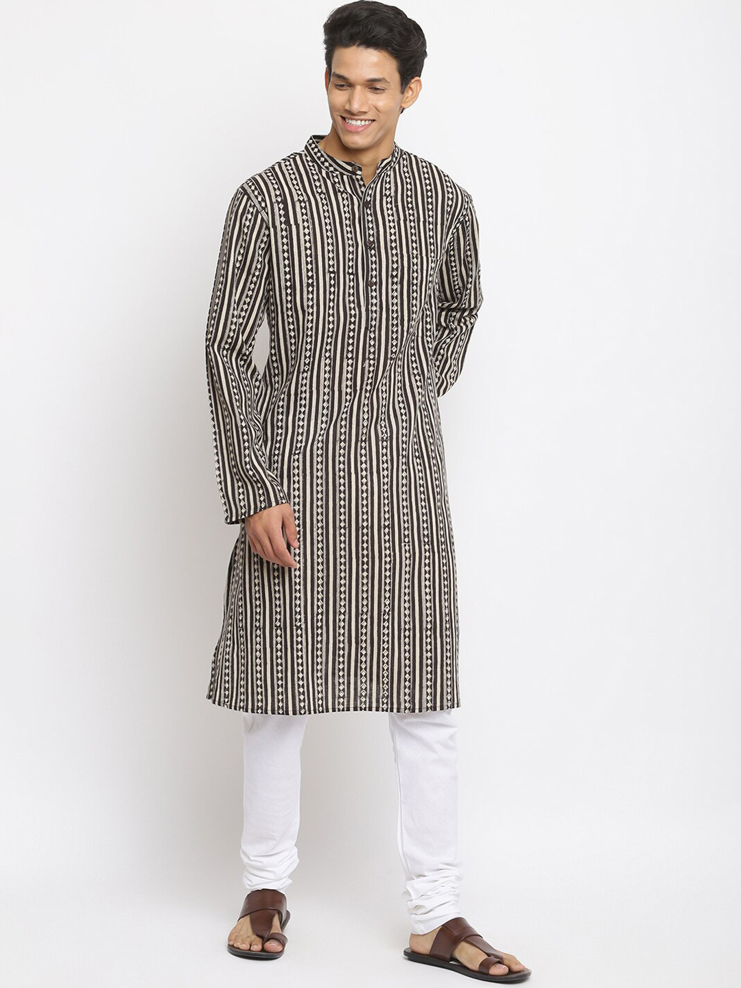 Fabindia Men Multicoloured Striped Flared Sleeves Mirror Work Anarkali Kurta