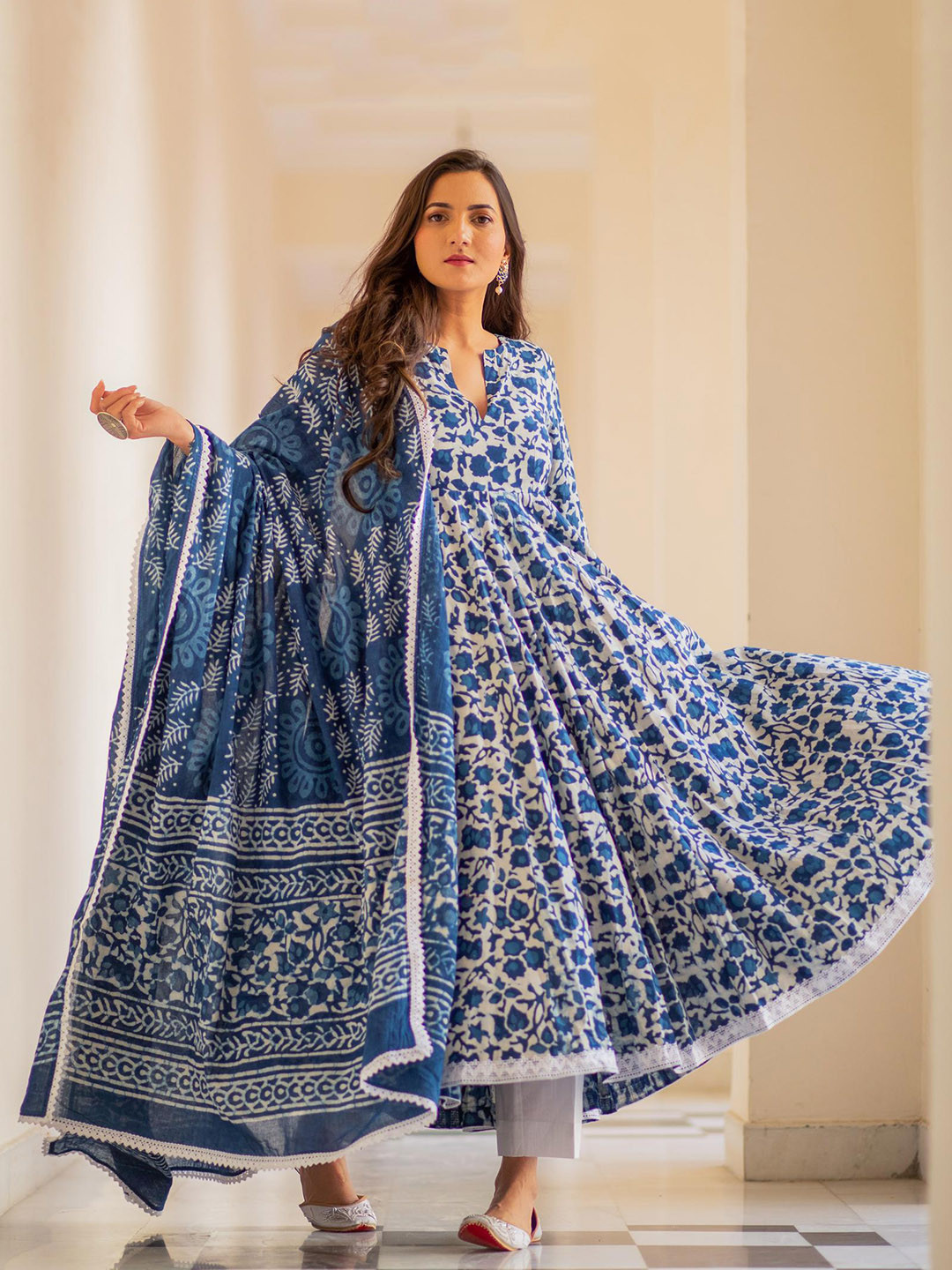 Baisacrafts Women Blue Ethnic Motifs Embroidered Empire Pure Cotton Kurta with Trousers & With Dupatta