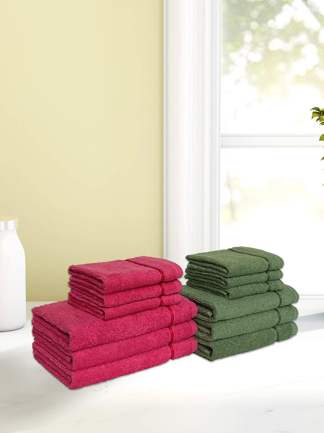 SPACES Pack Of 12 Green & Pink Quick To Dry Pure Cotton 380 GSM Towel Combo