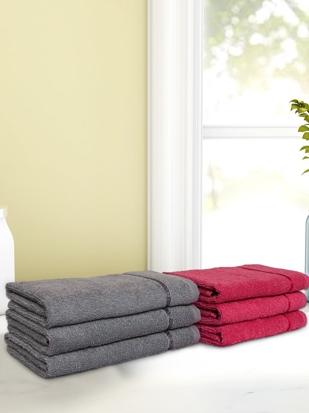 SPACES Set of 6 Coral & Grey Melange Solid Cotton 380 GSM Cotton Towel Set