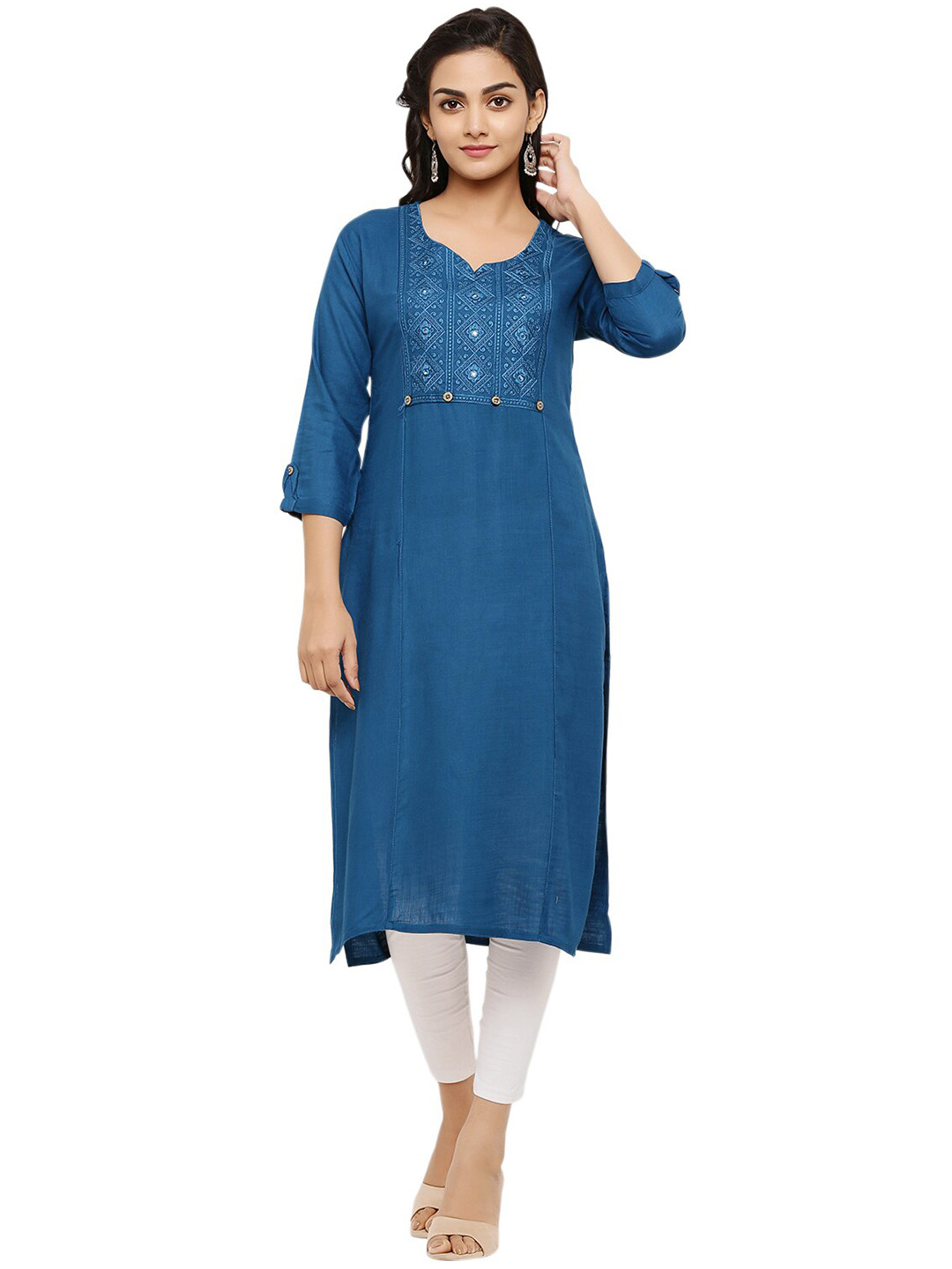 FIDOZA Women Blue Floral Embroidered Thread Work Kurta
