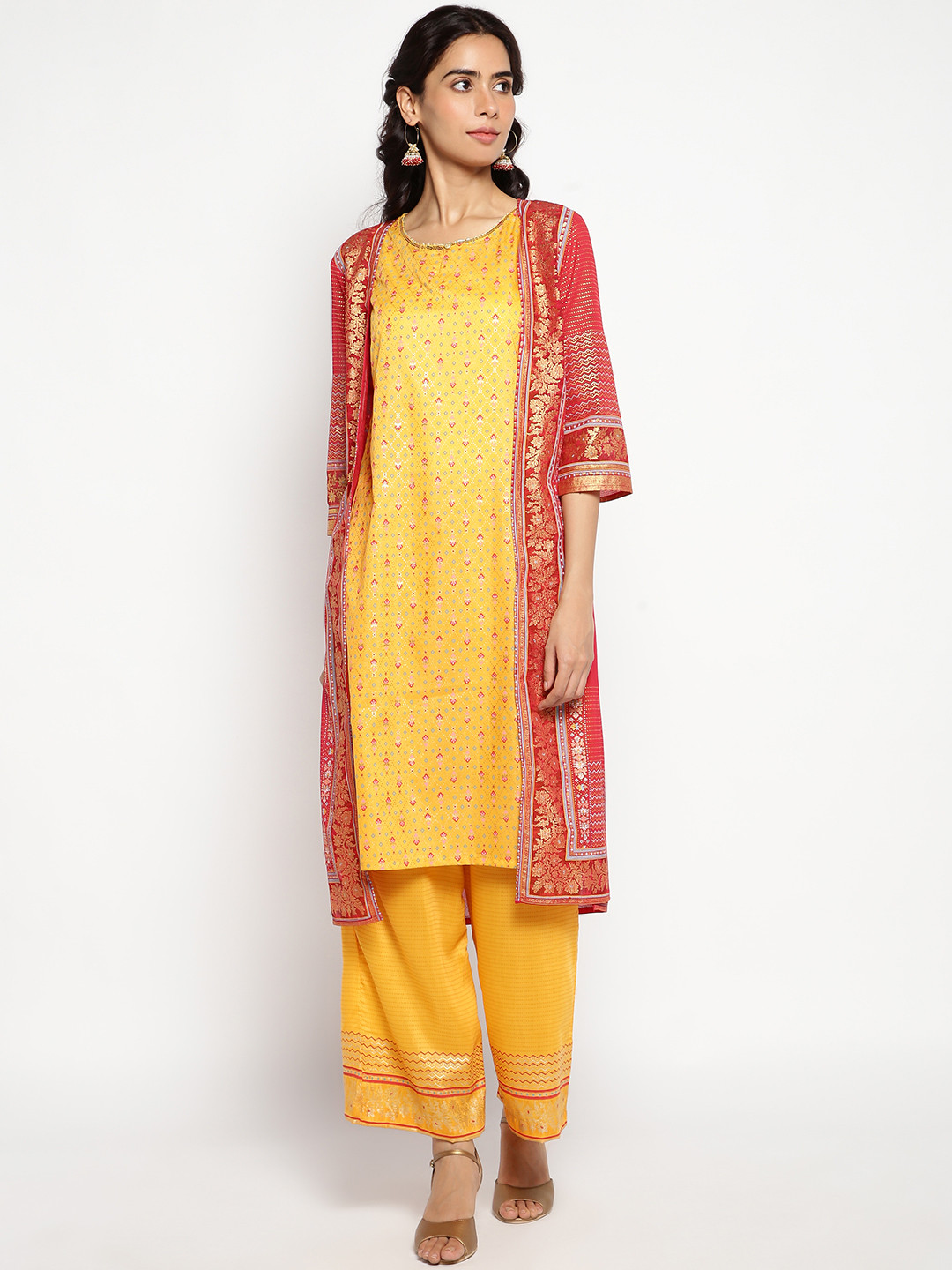 Aurelia Women Red Printed Georgette Kurta Set with Palazzos & Shrug