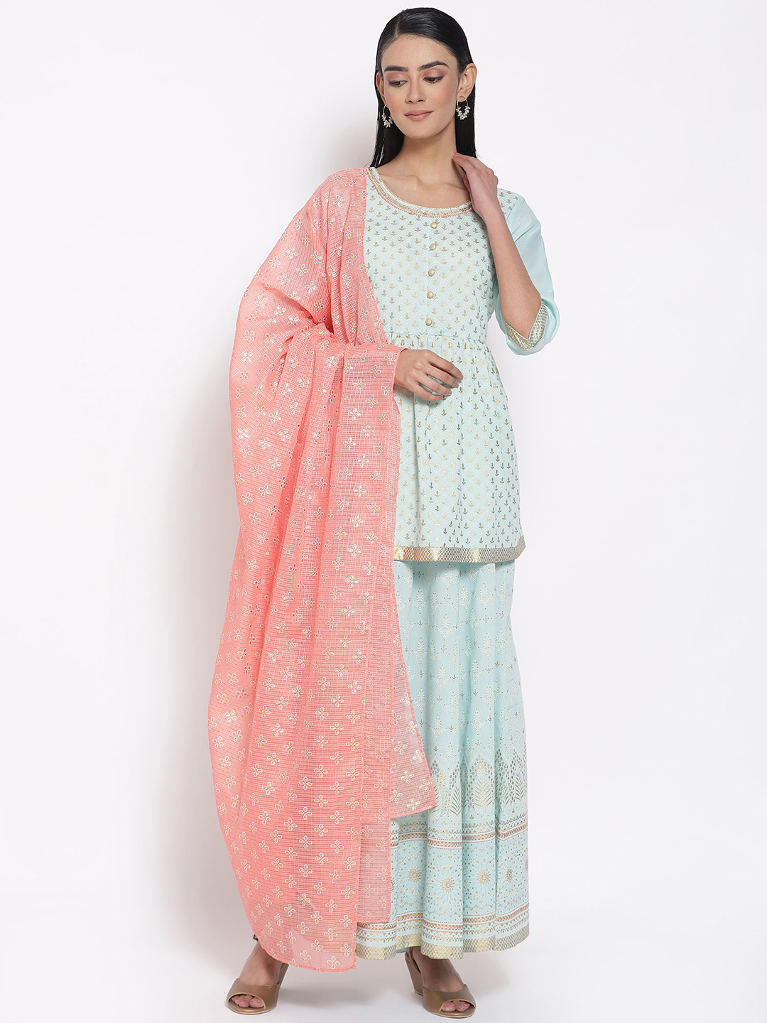 AURELIA Women Blue Bandhani Kurta with Palazzos & With Dupatta