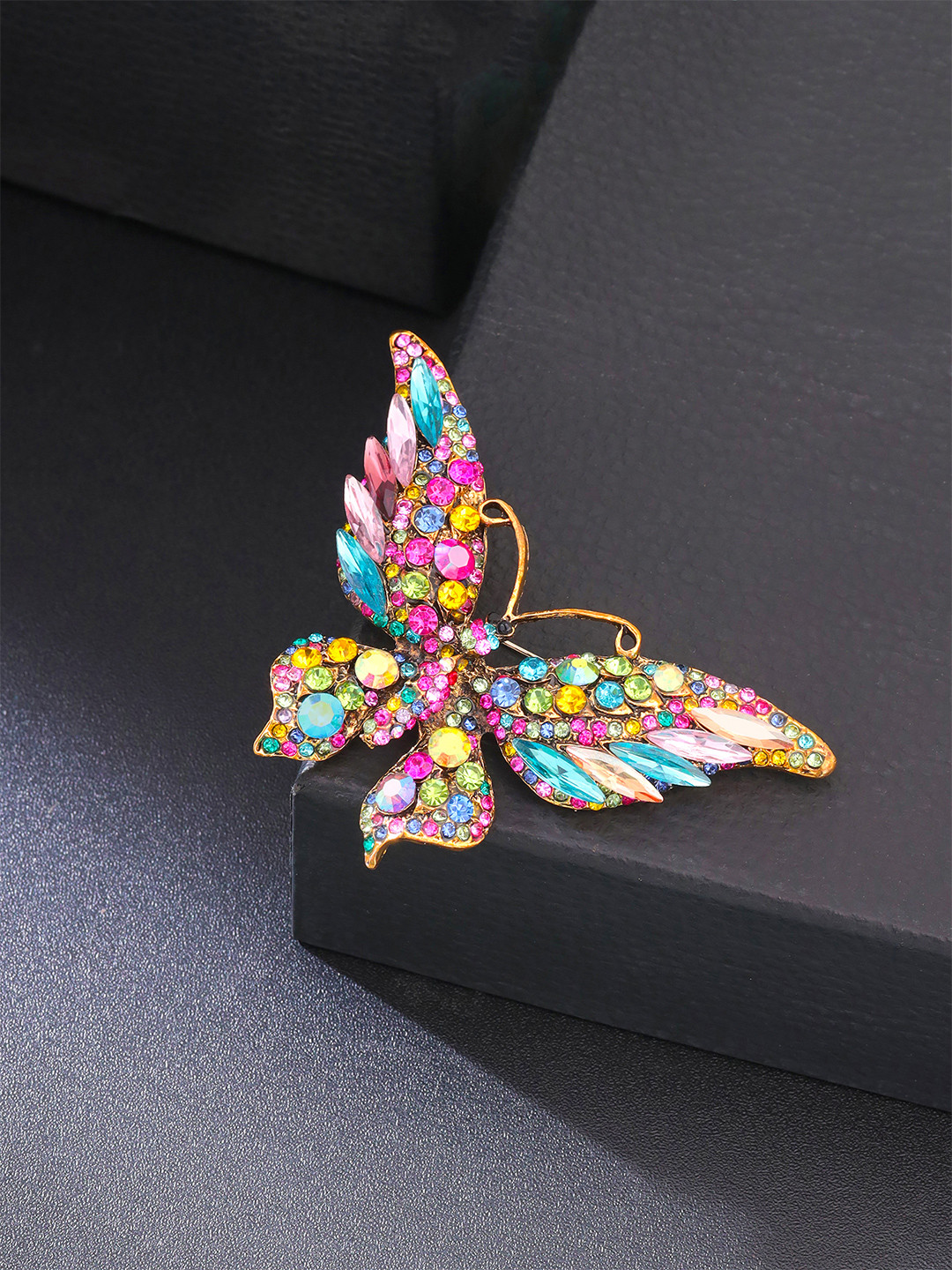 Yellow Chimes Multicoloured Crystal Studded Butterfly Designed Brooch Pin