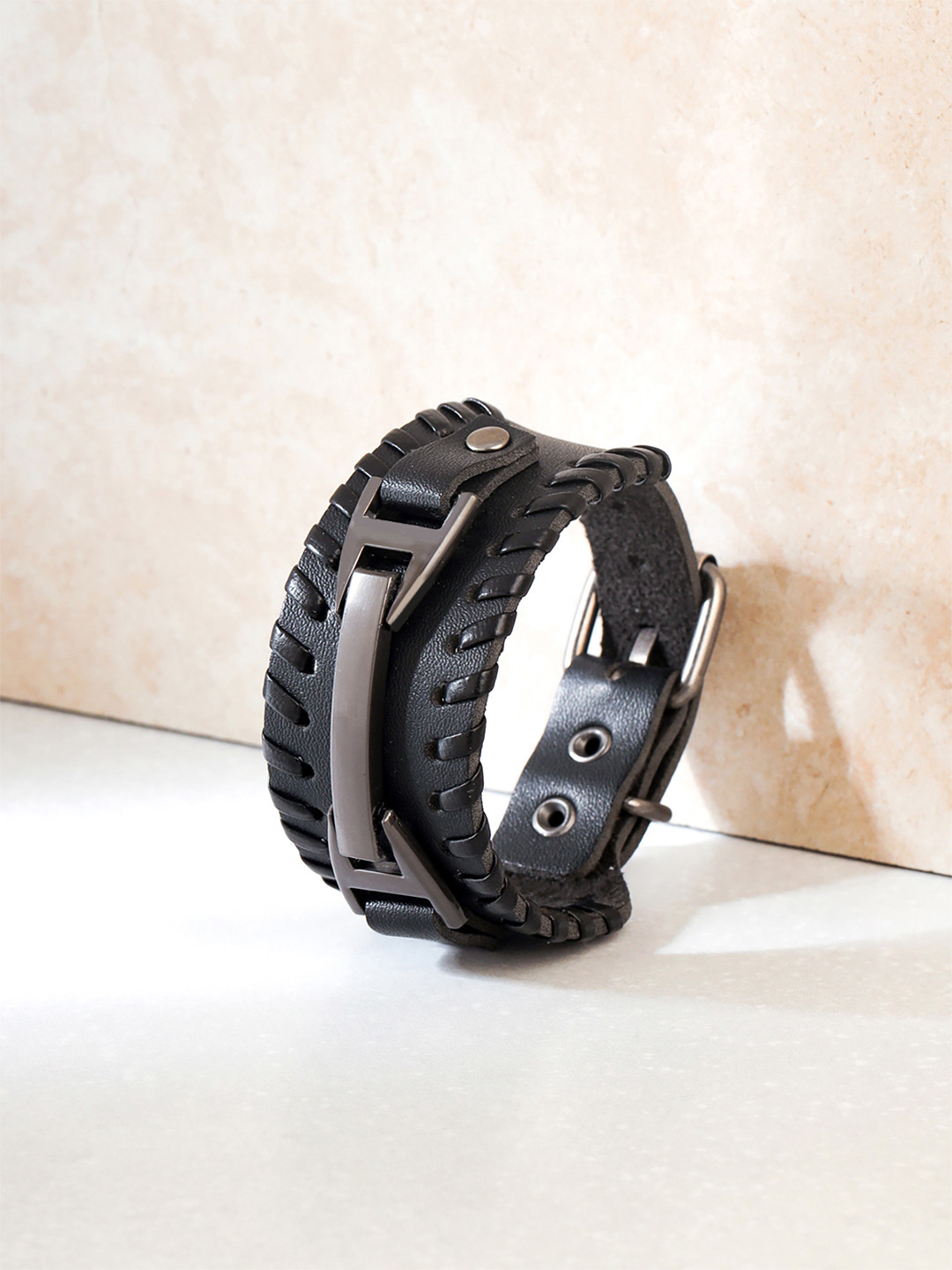 Yellow Chimes Men Black Adjustable Braided Rope Alloy Leather Bracelet