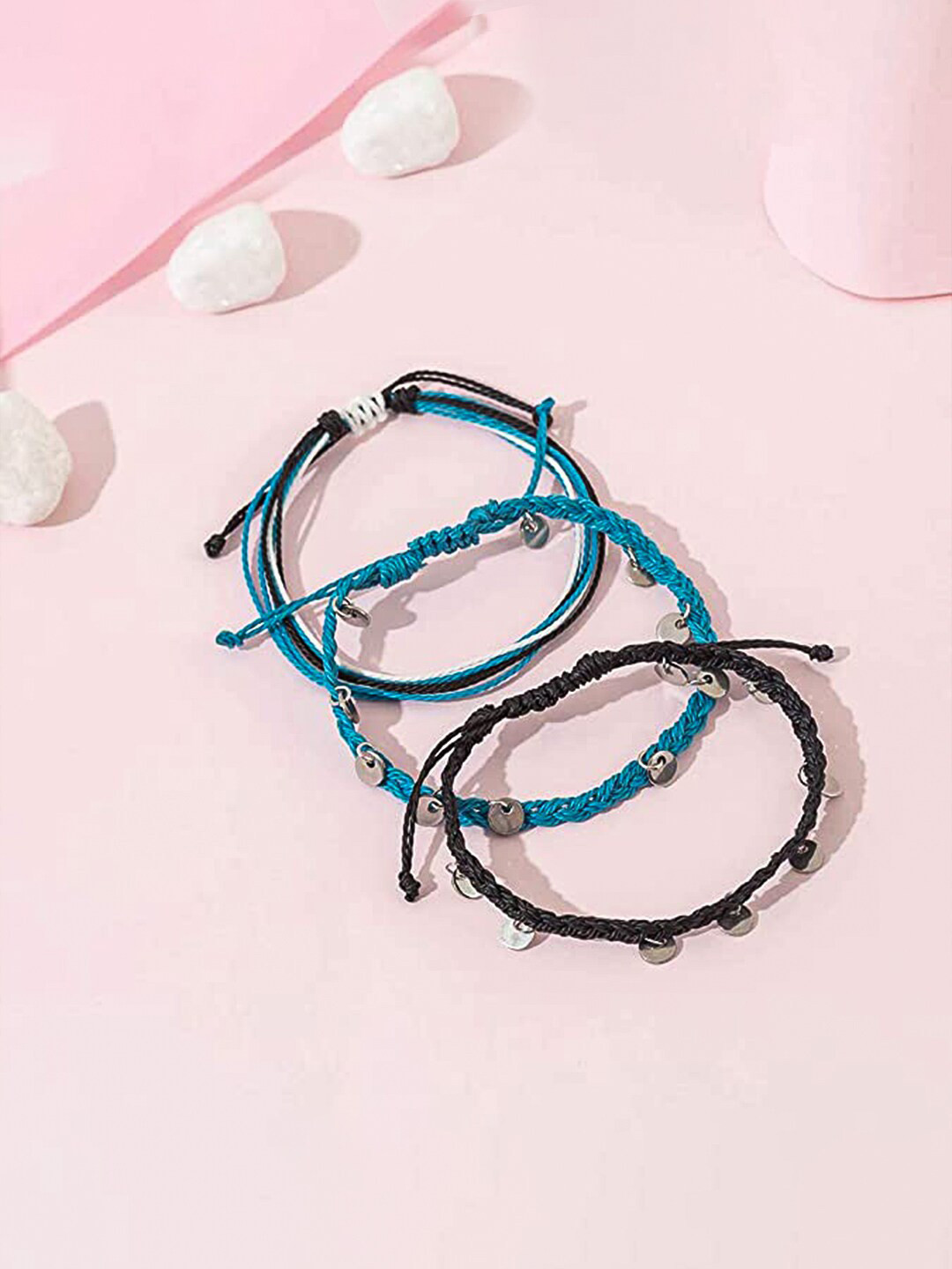 Yellow Chimes Set Of 3 Blue & Black Boho Coin Anklets