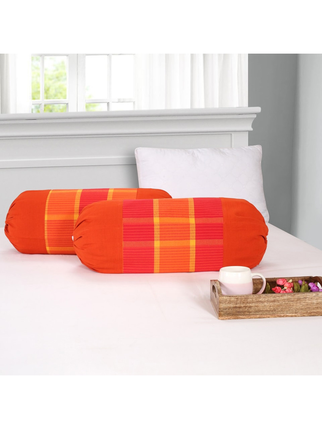 SHADES of LIFE  Red & Yellow Checked Cotton Bolster Covers