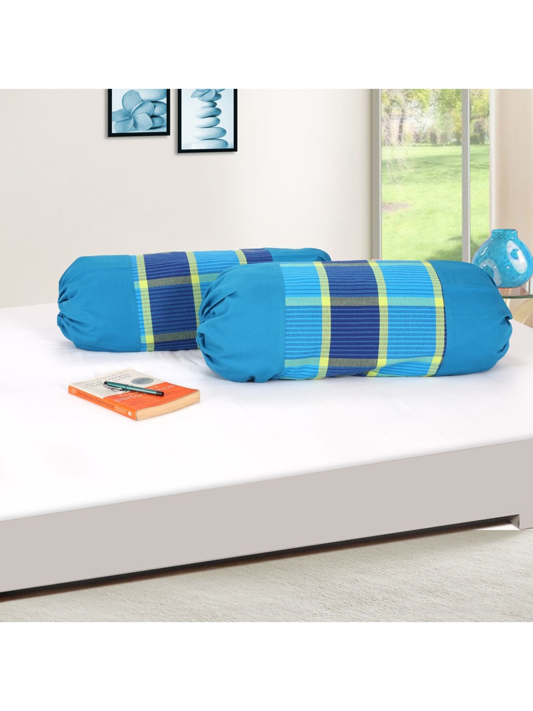 SHADES of LIFE Set Of 2  Blue Geometric Patterned Cotton Bolster Covers