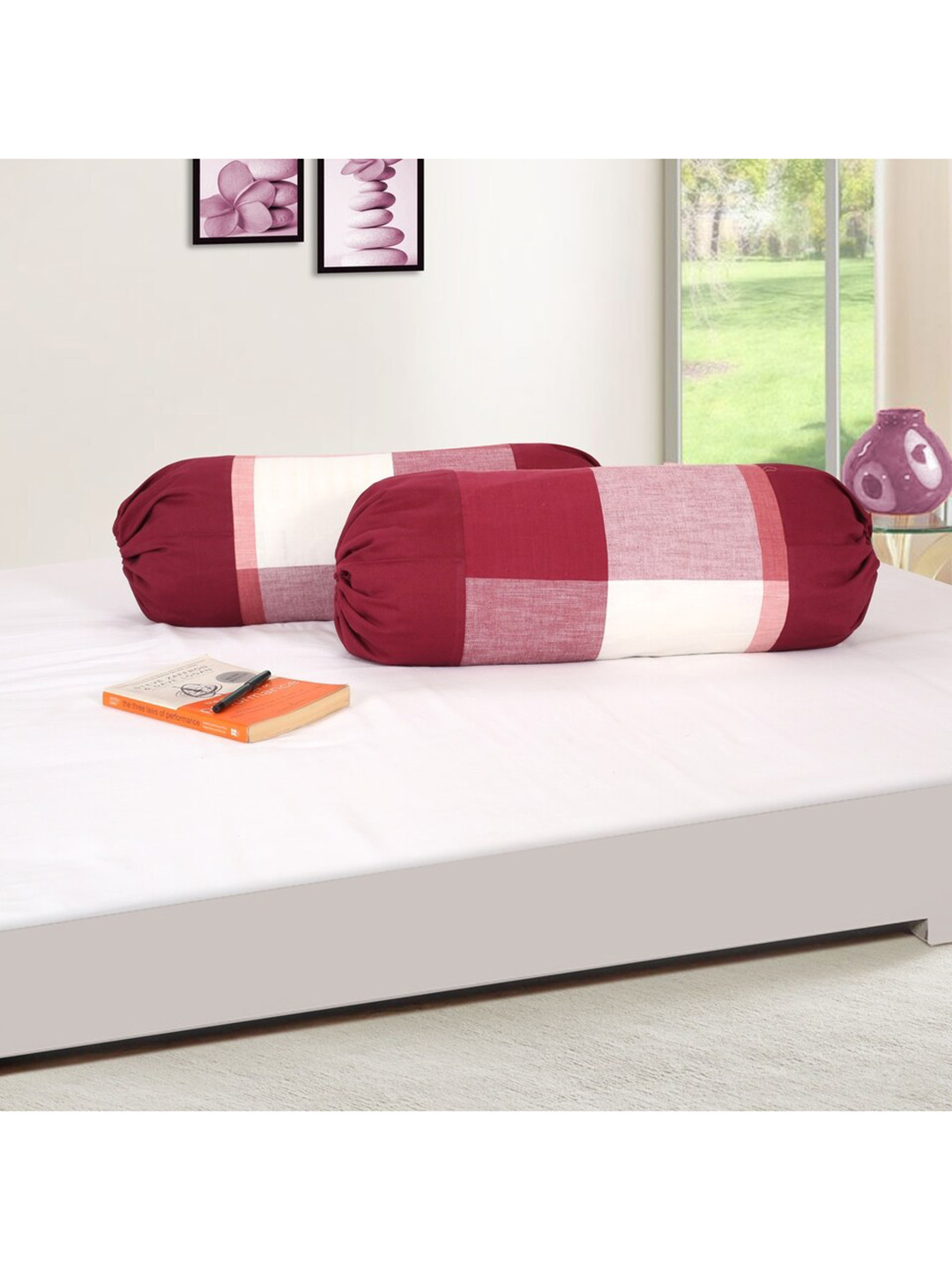 SHADES of LIFE Pack Of 2  Maroon Checked Pure Cotton Bolster Covers