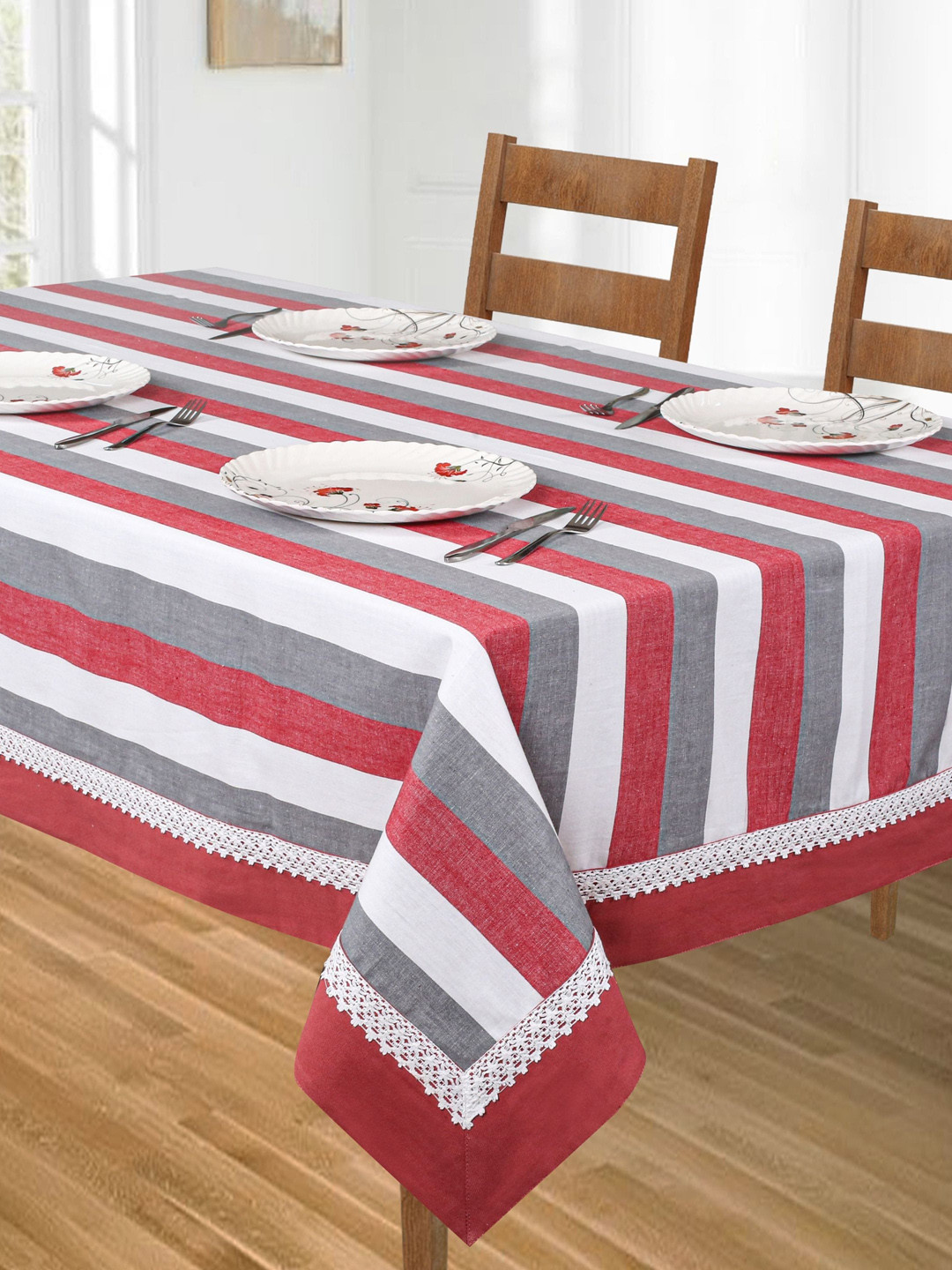 SHADES of LIFE Red & Grey Striped Rectangle Cotton  Table Cover