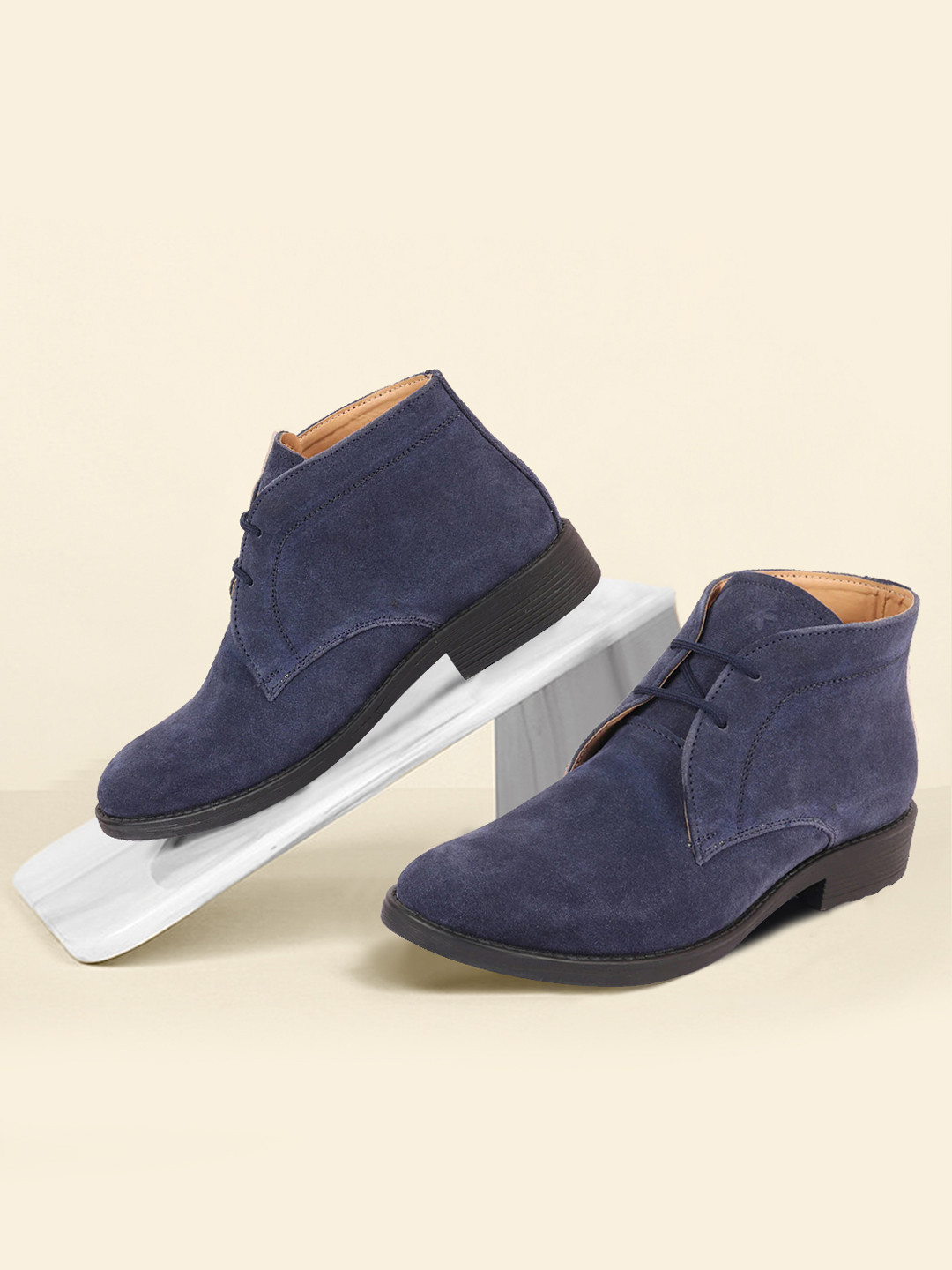 FAUSTO Men Navy Blue Solid Suede Leather  High Ankle Chukka Boots