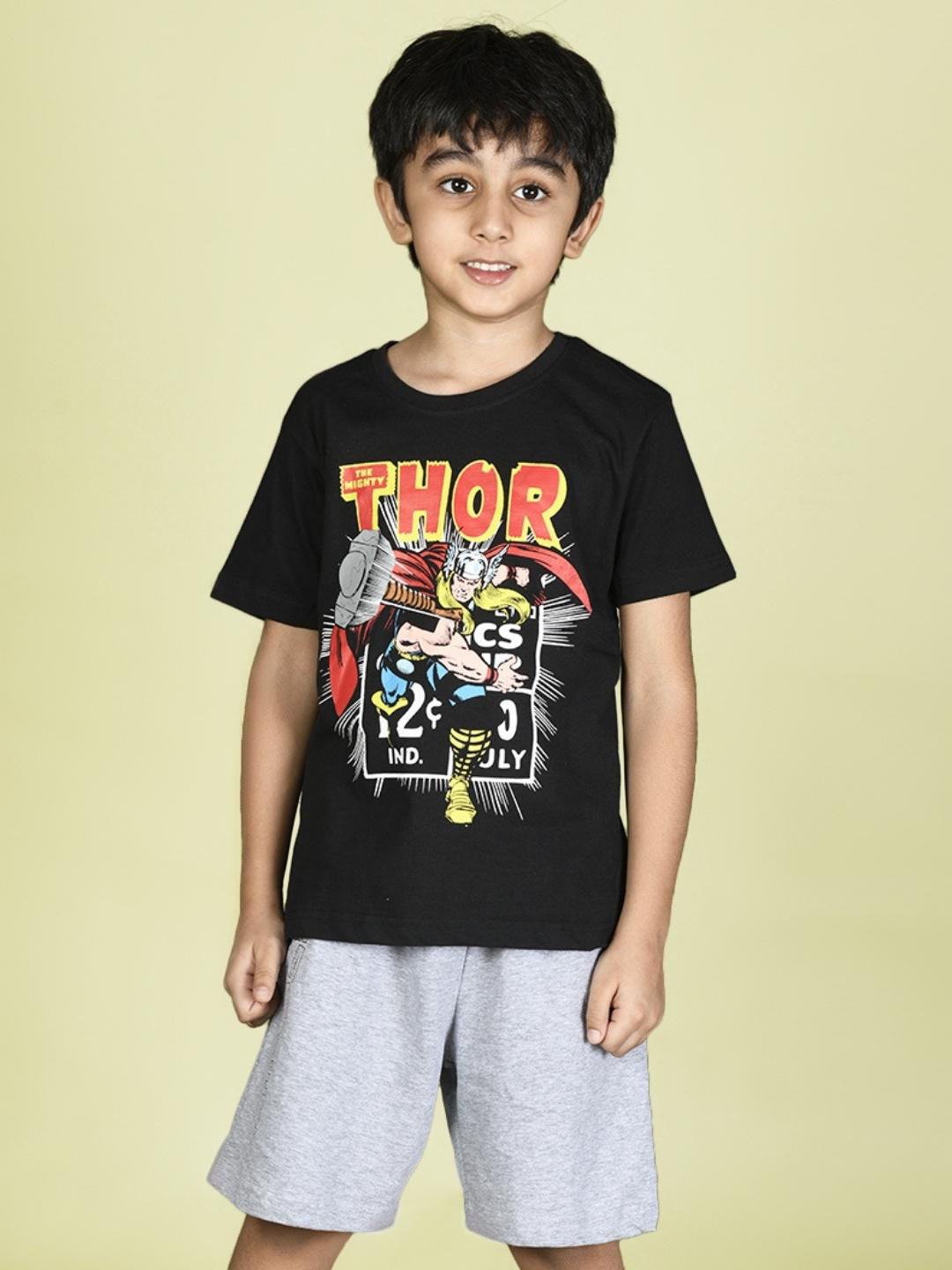 Nap Chief Unisex Kids Black & Grey Thor Printed T-Shirt With Shorts