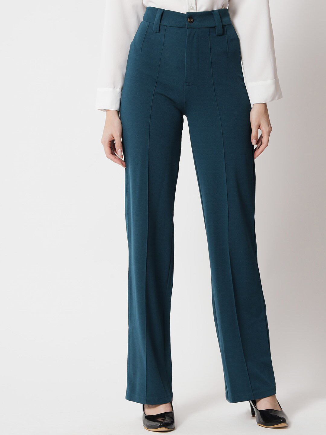 KOTTY BIZwear Women Teal Relaxed Straight Fit High-Rise Easy Wash Trousers