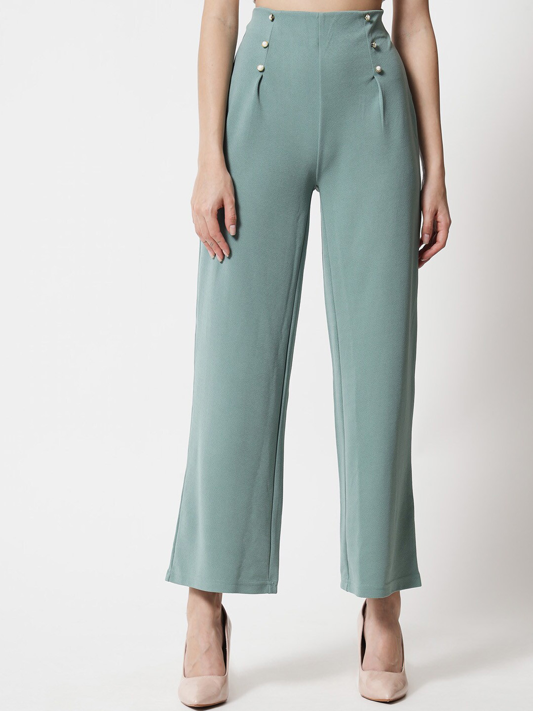Kotty Women Green Relaxed Straight Fit High-Rise Easy Wash Pleated Trousers