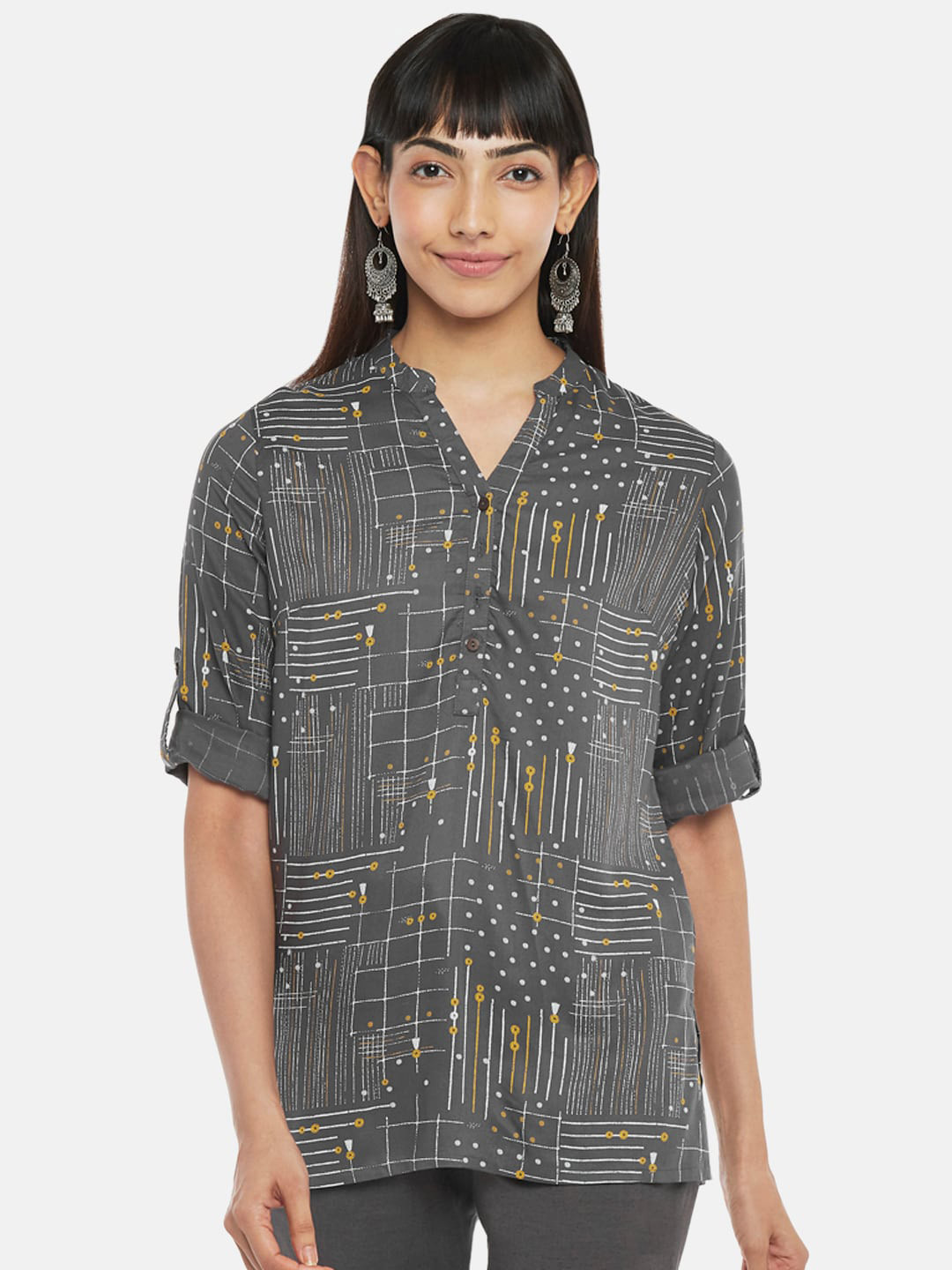 AKKRITI BY PANTALOONS Charcoal & White Shirt Collar Printed Tunic