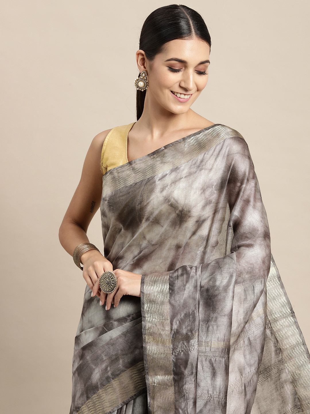 swatika Brown & Black Tie and Dye  Bhagalpuri Saree